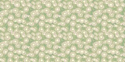 Blühen Pastell- wild Wiese nahtlos Muster auf ein Minze, Grün Hintergrund. Hand Zeichnung. abstrakt künstlerisch Kamille Blumen Drucken. Ornament wiederholt zum Entwürfe, Stoff, Textilien, Mode vektor