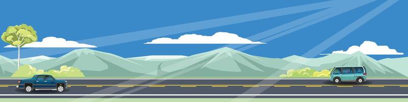 horisontell se av asfalt väg. två bilar körning på de väg två körfält. landskap se av berg under blå himmel och vit moln. vektor