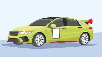 tecknad serie eller illustration av en gul sporter sedan bil. kommer med Spår klistermärken för tal. på en blå bakgrund och skuggor vektor