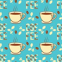 kaffe muggar med varm dryck och kaffe bönor och brev sömlös mönster på blå bakgrund. vektor