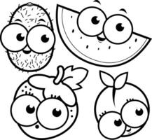 söt frukt tecknade serier. kiwi, vattenmelon, jordgubb och persika. färsk frukt tecknade serier. svart och vit färg sida. vektor
