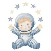 kosmonaut vattenfärg illustration. hand dragen astronaut i en Plats med stjärnor på isolerat bakgrund. teckning av pojke spaceman för bebis dusch hälsning kort eller födelsedag inbjudan pastell färger vektor