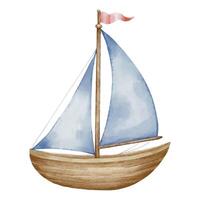 segelbåt vattenfärg illustration. teckning av segling fartyg i pastell färger för bebis dusch design på isolerat bakgrund. skiss av båt eller Yacht för barnslig design i nautisk stil. vektor