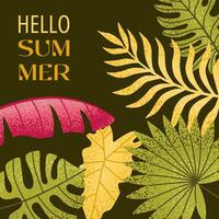 Hallo Sommer- Banner, Poster oder Startseite mit abstrakt tropisch Blätter und modern Typografie. Design Vorlage zum Marke, Werbung, Promo Veranstaltungen und Verkauf. tropisch Sommer- Karte im minimalistisch Stil. vektor