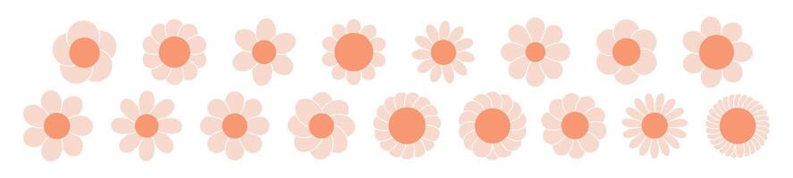retro blomma med häftig daisy ansikte, söt tecknad serie. 70s mönster med Lycklig leende och blommig bakgrund. psychedelic ikon och vår karaktär. årgång grafisk klistermärke. platt illustration isolerat vektor