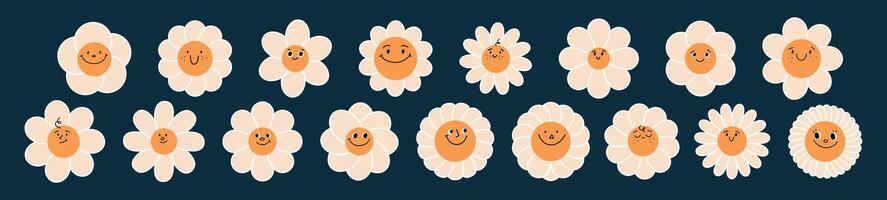söt daisy ansikte med Lycklig leende, häftig retro stil. 70s hippie ikon, söt tecknad serie karaktär. solros och kamomill blomma mönster . blommig klistermärke för ungar. platt illustration isolerat vektor