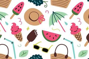 nahtlos Sommer- Illustration Muster. Eis Creme, Wassermelone, Hut, Regenschirm, Strand Artikel. hell, bunt, Wohnung, Karikatur Stil. Ideal zum Urlaub, Picknick, und sommerlich Designs vektor