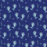 söt delfin sömlös mönster bakgrund. trendig mönster för omslag papper, tapet, klistermärken. under vattnet värld. illustration på mörk blå bakgrund vektor