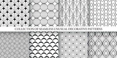 Sammlung von schwarz und Weiß Zier nahtlos geometrisch Muster. elegant endlos Kunst Deko aufwendig Hintergründe. wiederholbar einfarbig Stoff druckt vektor