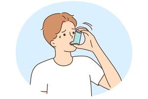 sjuk man lida från astma använda sig av inhalator vektor