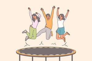 glücklich Menschen Springen auf Trampolin genießen Gelegenheit zum aktiv Erholung mit freunde vektor