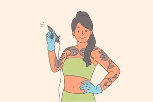 Frau tätowieren Künstler hält Maschine zu anwenden Tinte unter Haut, einladend Sie zu Veränderung Ihre aussehen vektor