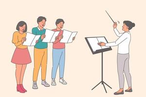 kör sång från tonåringar stående nära dirigent och övar prestanda av ny låt vektor
