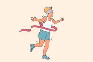 äldre man löpare med efterbehandling tejp vinner löpning maraton bland idrottare av ålder kategori vektor