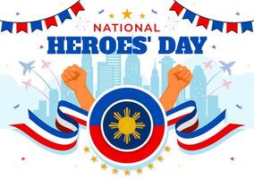 Philippinen Helden Tag Illustration auf August 29 mit winken Flagge und Band im ein National Urlaub Feier, eben Karikatur Stil Hintergrund vektor