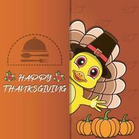 tacksägelsekort med anka karaktärsdesign. Glad thanksgiving. perfekt för design av gratulationskort, affisch eller flygblad. vektor