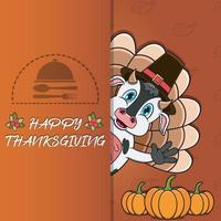 Thanksgiving-Karte mit Kuh-Charakter-Design. Frohes Thanksgiving. perfekt für Grußkarten, Poster oder Flyer-Feier-Design. vektor
