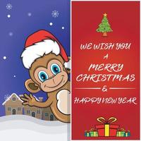 Frohe Weihnachten-Grußkarte, Flyer, Einladung und Poster. süßes Affen-Charakterdesign mit Hut. vektor