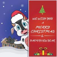 Frohe Weihnachten-Grußkarte, Flyer, Einladung und Poster. süßes Kuh-Charakter-Design mit Hut. vektor