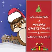 Frohe Weihnachten-Grußkarte, Flyer, Einladung und Poster. süßes Eulen-Charakterdesign mit Hut. vektor