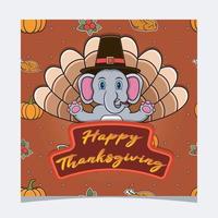 glad tacksägelsekort med söt elefant karaktär design. gratulationskort, affisch, flygblad och inbjudan. vektor