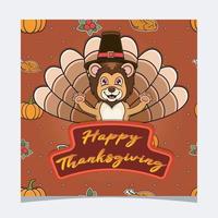 Happy Thanksgiving-Karte mit süßem Löwen-Charakter-Design. Grußkarte, Poster, Flyer und Einladung.