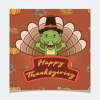 Happy Thanksgiving-Karte mit süßem Krokodil-Charakter-Design. Grußkarte, Poster, Flyer und Einladung. vektor