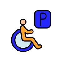 Behinderung Parkplatz einstellen Symbol. Person im Rollstuhl, Barrierefreiheit, reserviert Parken, Mobilität Hilfe, inklusive Design, Behinderung Stelle, Unterstützung, Besondere braucht. vektor