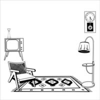 Leben Zimmer Design. ein Sessel, ein Uhr, ein Teppich mit ein Ornament, ein Fußboden Lampe, ein Fernseher. Hand gezeichnet im im schwarz auf ein Weiß Hintergrund. zum Drucken auf Papier und Stoff, zum Innere Design vektor