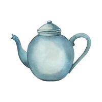Teekanne zum Brauen. Blau runden Keramik Teekanne. Aquarell Illustration. alle Elemente sind handgemalt mit Aquarelle. geeignet zum Drucken auf Stoff und Papier, Textilien, Küche vektor