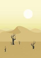 Wüste Landschaft sonnig Dünen und trocken Baum Illustration. ästhetisch minimalistisch Sahara Panorama Poster. vektor