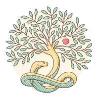 träd de kunskap av Bra och ondska med orm, äpple. färgrik design. illustration. vektor