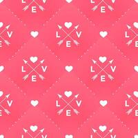 sömlös vit mönster med kärlek, hjärta och pil i årgång stil på en röd bakgrund för valentine dag. illustration. vektor