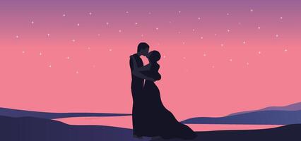 Silhouette von liebend Paar halten Hände auf Sonnenuntergang Strand Hintergrund Illustration. glücklich Valentinstag Tag Konzept vektor