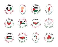 vi stå med palestina uppsättning av emblem med text och hand dragen ClipArt. vattenmelon skiva, gaza flagga, näve, fred duva, hjärta. begrepp av fri gaza för affisch, baner, tapet, flygblad, t skjorta. vektor