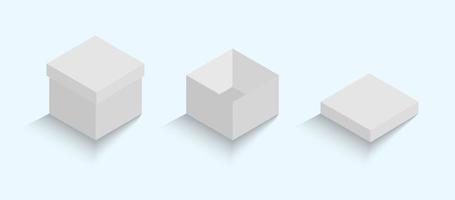 isometrische Geschenkbox-Set. Draufsicht des weißen quadratischen Kastens. Geschenkboxen öffnen und schließen. Container-Modell. realistischer Schuhkarton aus Papier. vektor