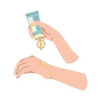 Hand bewirbt sich Sonnencreme. Haut Pflege. Schutz von das Sonne und Sonne Strahlen, gesund Haut, sogar bräunen. eben Illustration auf isoliert Hintergrund vektor