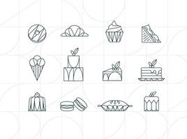 efterrätt ikoner i konst deco stil munk, croissant, cupcake, smörgås, is grädde, kaka, efterrätt, pannkakor, macarons, paj gelé teckning på vit bakgrund vektor