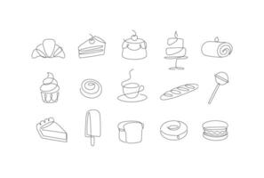 linear Bäckerei und Dessert Symbole Cupcake, Lutscher, Kaffee, Stangenbrot, Kuchen, Krapfen, Eis Creme, Kuchen, Makronen, brot, Keks Zeichnung im Stift Linie Stil auf Weiß Hintergrund vektor