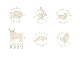 djur- etiketter i konst deco linjär stil med text grill bbq, färsk kött, rökt nötkött restaurang, gyllene lax, bruka Produkter teckning på ljus bakgrund vektor