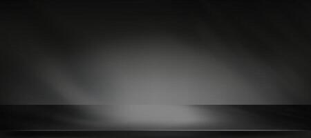 schwarz Hintergrund, Studio Zimmer mit Stelle Licht auf Etage, Studio Zimmer mit Licht auf metallisch rostfrei Stahl Zähler Spitze, Metall Regal Textur mit Licht reflektieren, Küche Anzeige Attrappe, Lehrmodell, Simulation Tabelle oben vektor