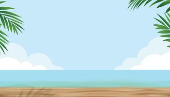 sommar bakgrund, tropisk sand strand bakgrund med hav vågor, sand, handflatan träd skuggor, horisont Semester banner.bakgrund för resa och strand semester, kopia Plats för text. vektor