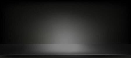 schwarz Hintergrund, Studio Zimmer mit Stelle Licht auf Fußboden zum Produkt Präsentation, Küche Zimmer mit metallisch rostfrei Stahl Zähler oben, hintergrund Aluminium Metall Anzeige Regal Textur mit Licht reflektieren vektor