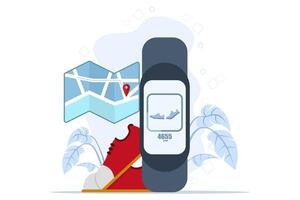 Armband Armband Konzept mit Laufen Aktivität und Fitness Verfolgung App auf Handy, Mobiltelefon Telefon Bildschirm, Clever Telefon mit Laufen Tracker und Armband, Gehen Schritte gegen Sport Technologie auf Handy, Mobiltelefon Telefon. vektor