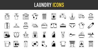 tvätt ikoner uppsättning. sådan som torr rengöring, rengöringsmedel, korg, service, tvättning maskin, vagn, vägning skala, torktumlare, rowel, tröja, borsta, klänning, järn, pulver ikon. vektor