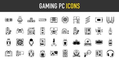 gaming pc ikoner uppsättning. sådan som fall, grafisk kort, ssd, cpu, dator, moderkort led remsa, fläkt, spel kontroller, headset, router, kraft, bärbar dator, disk, joystick, kör ikon. vektor