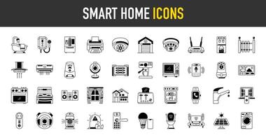 Clever Zuhause Symbole Satz. eine solche wie Steuerung von Beleuchtung, Kühlschrank, Garage, Toilette, Stecker, Stimme Assistent, Fenster, Roboter Vakuum Reiniger, Automatisierung, Fernbedienung Überwachung, Feld Symbol Illustration. vektor