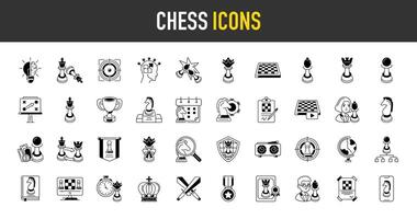 schack ikon uppsättning. sådan som drottning, strategi, schackmatt, styrelse, klocka, spelare, kung, sten, pantsätta, slott, urklipp, gåva, riddare, schema, skydda, turnering, Handledningar, tilldela, flagga ikoner. vektor