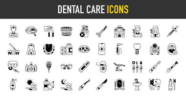 Dental Pflege Symbole Satz. eine solche wie Fernglas, Zahnschmerzen, Medizin, Klinik, Spritze, Zahnspange, Untersuchung, Zahnseide, Zahnarzt, Spiegel, Skalpell, Autoklav, Atem, implantieren, Schere Symbol Illustration vektor