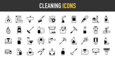 rengöring ikon uppsättning. sådan som tvätt, tvättning maskin, Vakuum, rengöringsmedel, järn, fläck, kök, spruta, luft, rakapparat, torktumlare, soffa, tvål, kvast, borsta, fjäder, dammduk, ånga, ikoner illustration. vektor